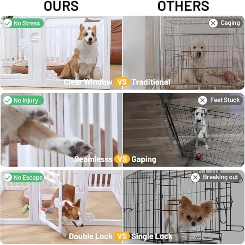 KAPEICamper Dog Playpen, Clear Acrylic Pet Puppy Enclosure Cat Rabbit Play Pen, Easy Assemble Foldable Crate Whelping Box for Medium Dogs with Gate (White, L, 10 Panels)
