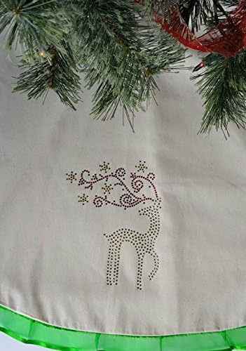 48 Inch Christmas Tree Skirt CREAM with Green Ribbon Trim Decorated with Reindeer Rhinestones Pattern