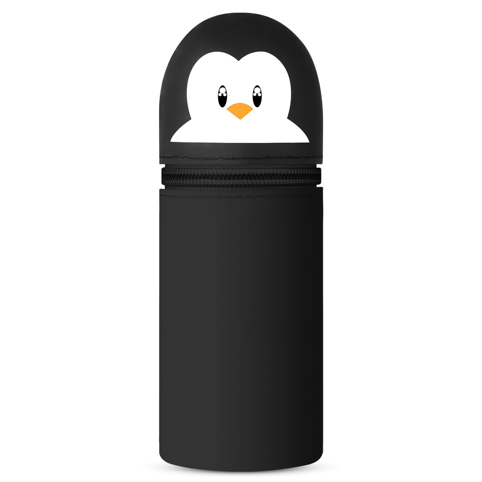 Vicloon Pencil Case, Penguin Pencil Case in Soft Silicone, 2 in 1 Silicone Pouches Big Capacity Pencil Case and Desk Pen Holder, Retractable Capacity, Zipper Closure (Black)