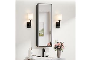 TokeShimi 12x36 Recessed Medicine Cabinet with Mirror Surface Mount, Aluminum Framed Metal Black Medicine Cabinet Mirrored, Bathroom Beveled Mirror with Storage Adjustable