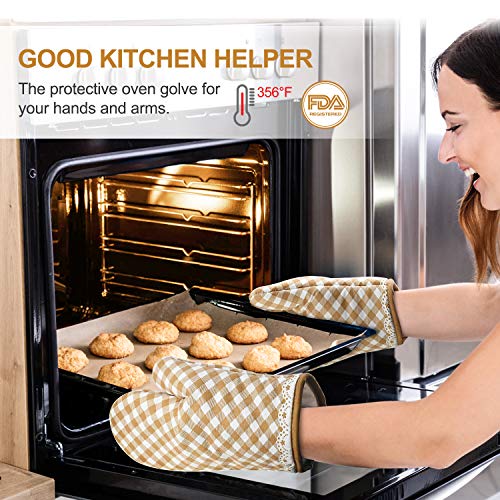 Vakoo Oven Mitts and Pot Holders Sets - Heat Resistant Potholders and Oven Mitts Soft Cotton Lining with Non-Slip Surface for Safe BBQ Cooking Baking Grilling (4-Piece Set,Mesh Beige) - Thumbnail 5