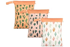 KKTAPOS Wet Dry Bags for Baby Cloth Diapers - Waterproof Reusable Washable Travel Bags, Gym Bag, Pool, Daycare Soiled Baby Items Yoga Gym Bag for Swimsuits & Wet Clothes 3pcs/set（Pink&Cactus