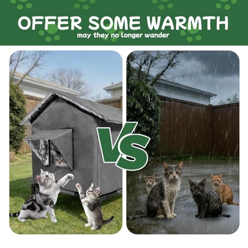 Cat House Weatherproof with Aluminum Film Insulation, All Season Insulated Cat Shelter for Stray & Feral Cats, Collapsible with Door, Easy to Assemble, Waterproof & Windproof Design for Yard(Grey)
