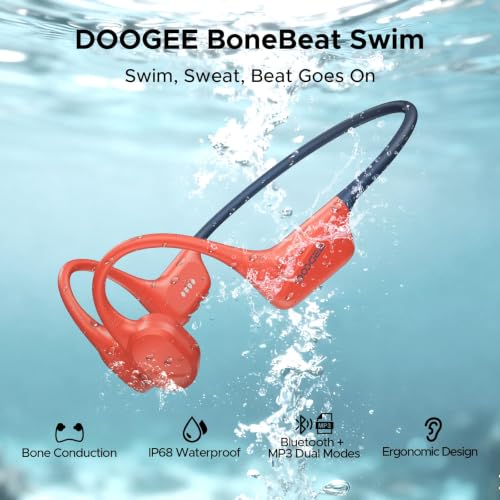 DOOGEEEco Bone Conduction Headphones IP68 Waterproof for Swimming 10H Battery Bluetooth 5.4 Storage 32GB Ideal for Cycling (Red)
