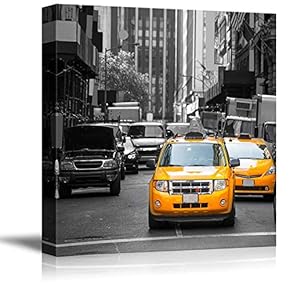 Black and White Photograph with Pop of Color on Yellow Taxis of New York - Canvas Art Home Art - 12x12 inches