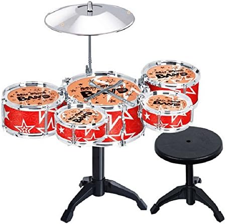 Sumix Children Drum Set Musical Instrument Toy Playset , Kid's ,Instrument Drum Play Set w/ 5 Drums, Cymbal, Chair, Drumsticks (Red)