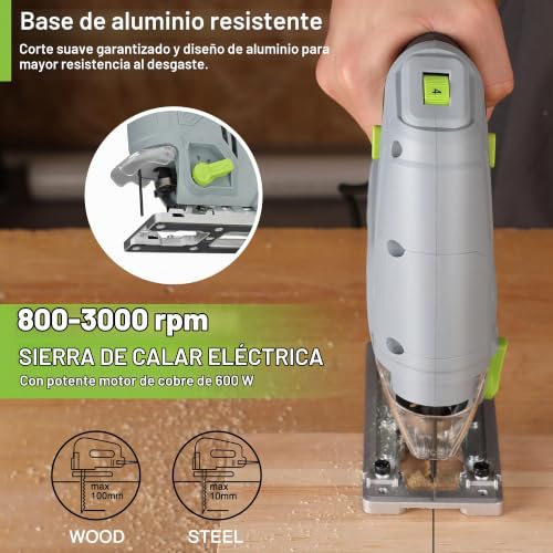 WORKPRO Jig Saw 600W, 6 Speeds and 7 Blades Included | Electric Jig Saw with 4 Orbital Positions, ±45° Cutting and Integrated Dust Blowing Function