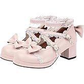 LUXMAX Women Lolita Cosplay Shoes Cross Strap Block Heel Mary Jane Lace Pumps