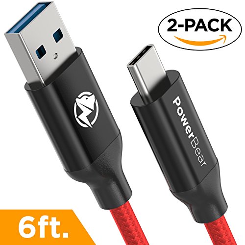 PowerBear Type C Cable [2-Pack] USB Type-C Cable 3.0 USB-A to USB-C Cable [6ft] Fast Charge & Data Transfer | Heavy Duty with High Strength Braided Nylon - Red [24 Month Warranty]