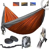 Skonzig Single, Double Camping Hammock - Lightweight Portable Parachute Nylon - Include Heavy-Duty Carabiners & Tree Straps. (GREY/ORANGE, SINGLE)