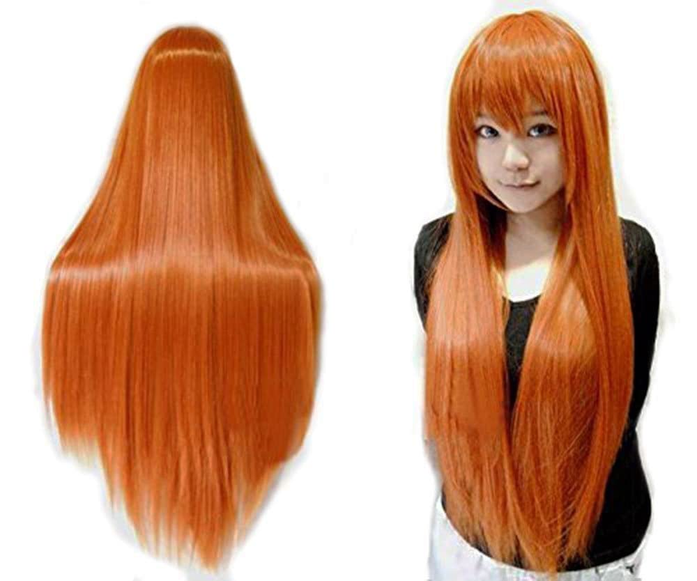 Photo 1 of *******WIG IS BLONDE********ANOGOL Hair Cap+32 in/ 80 cm Long Straight Orange Wig with Bangs Synthetic Hair Peluca Naranja Cosplay Wigs for Anime Cosplay Wig Long Ginger Wigs with Bangs for Halloween Women blonde Costume Wigs