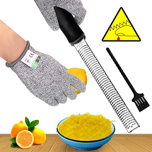 Citrus Lemon Zester & Cheese Grater With Cut Resistant Gloves High Performance Level 5 Protection- Parmesan Cheese, Lemon, Ginger, Garlic, Nutmeg, Chocolate, Vegetables, Fruits - Razor-Sharp Stainless
