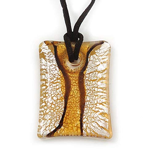Avalaya Glittering Gold/Silver Square Glass Pendant On Black Suede Cord - 42cm Length/ 7cm Extender