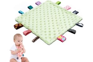 ANJEEIOT Baby Tags Security Blankets - Baby Soothing Plush Blanket with Colorful Tags, 10"x10" Square Sensory Toys, Lovey for 3 Months+ Babies Boys and Girls (Green)
