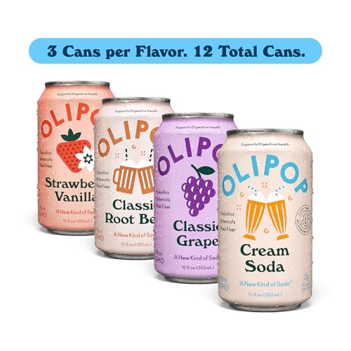 OLIPOP PREBIOTIC SODA POP, FAVORITES VARIETY, PANTRY PACK PACKED WITH PREBIOTICS, FIBER, AND BOTANICALS, GLUTEN FREE, VEGAN, GMO FREE, 12OZ (12-CANS)