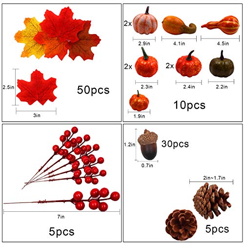 HiGift Artificial Autumn Gourds, 10 Mini Pumpkins, 5 Berries, 50 Leaves, 30 Acorns and 5 Pine Cones Fall Decorating Kit Thanksgiving Halloween Party Decor Wedding Fall Centerpieces DIY Craft Wreath