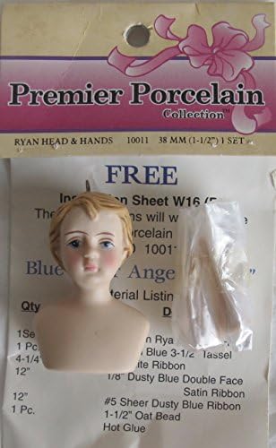 PREMIER Craft SET of 1 BOY / Male PORCELAIN 'RYAN' DOLL HEAD 1-1/2" and PAIR of HANDS Each 1-1/8" Long w Metal ORNAMENT LOOP (Head Top) & BLUE Choir ANGEL INSTRUCTIONS (1999)