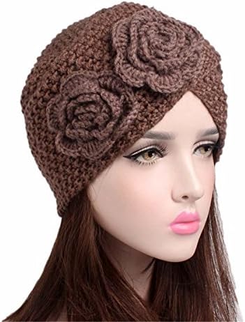 TTjII Twist Pleated Hair Wrap Stretch Turban,Abbey Cap Women's Knit Chemo Hat Snood Beanie Scarf, Turban Headwear for Cancer Patients,Soft Sleep Hats Two flower winter