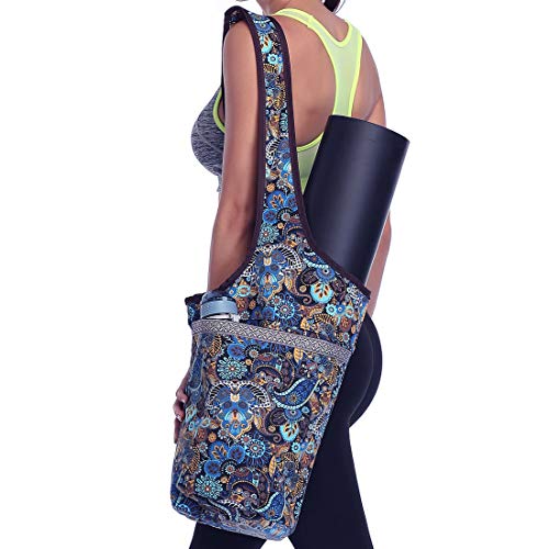 Soogus Yoga Bag for Mat, Yoga Mat Bag Canvas Patterns Yoga Bags and Carriers with Zipper Large Pocket Yoga Tote Fits Most Size Mats, Blue Black Yellow Patterns