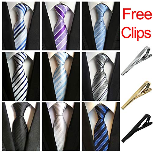 Jeatonge Lot 6pcs Mens Ties and 3pcs Tie Clips, Men's Classic Tie Necktie Woven Jacquard Neck Ties (9-10)
