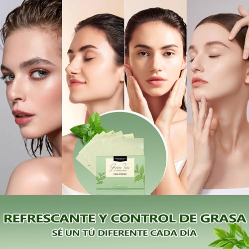 1000 piezas de papel de arroz facial. papel absorbente de grasa facial. papelitos absorbentes de brillo facial. Elimina el brillo del aceite, el papel es suave, adecuado para aceite facial (Té verde)