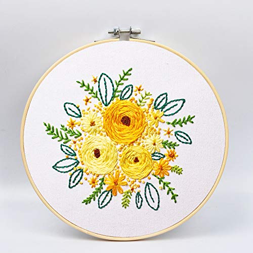 3 Pack Embroidery Starter Kit with Pattern and Instructions,Cross Stitch Set, Full Range of Stamped Embroidery Kits with 3 Embroidery Clothes with Plants Flowers Pattern, 1 Embroidery Hoops