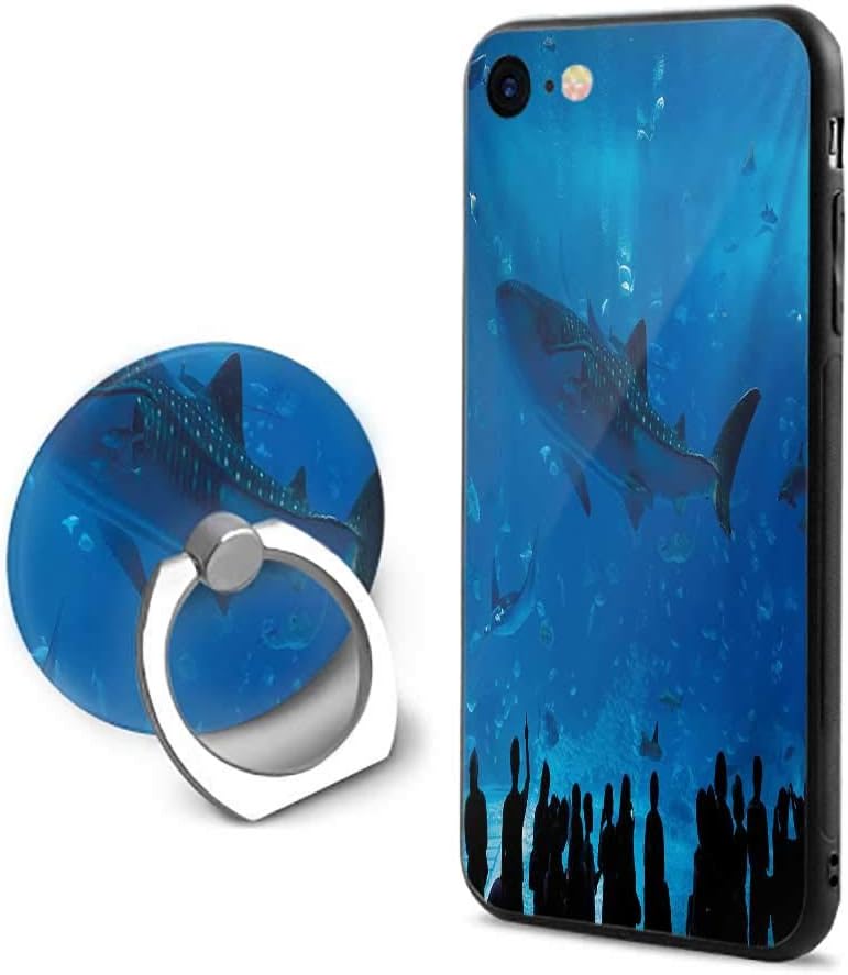 Shark iPhone 7/iPhone 8 Cases,Japanese Aquarium Park with People Silhouettes Watching Underwater Life Hobby Image Blue Black,Mobile Phone Shell Ring Bracket