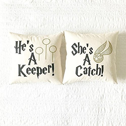 He's A Keeper/She's A Catch Pillow Cover Set - Home Decor, Gift for Women, Gift for Him, Gift for Her, Anniversary Gift, Wedding Gift, Book Lover