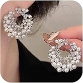 Sparkly Zirconia Statement Pearl Gold Earrings for Women Trendy, Dainty Boho Crystal Round Circle Pearls Cluster Silver Stud Drop Earring Vintage Jewelry