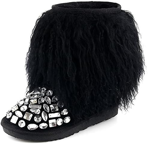 APHNUS Genuine Leather Rhinestones Shearling Snow Boots