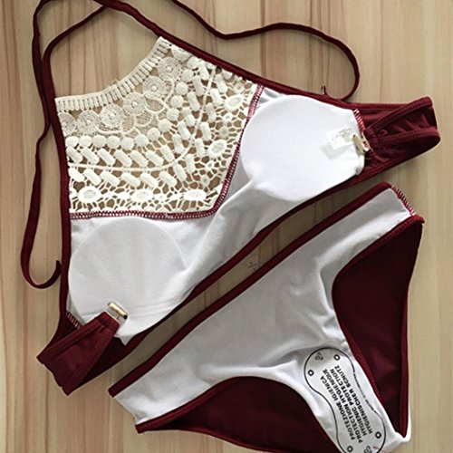 WM & MW Women Bathing Set Push-up Padded Bra Sexy Lace Splice Bikini Tops Swimsuit Set Beachwear Swimwear (Asian:Small, Wine)