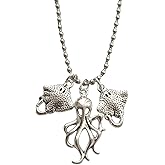 Boho Octopus Necklace, Cool Ocean Fish Charm Pendant, Stainless Steel Ball Chain Long Necklace for Man Woman, Weird Jewelry