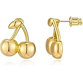 HolidayQbee Gold Cherry Stud Earrings for Women 14K Gold Plated Cute Cherry Flat Back Earrings Studs Hypoallergenic Handmade Statement Fruit Earrings Jewelry Gifts