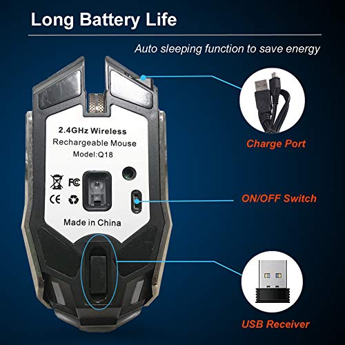 VEGCOO C18 Wireless Gaming Mouse, 2.4G Rechargeable Ergonomic Optical Portable Mobile Mice with Adjustable DPI Level, USB Nano Receiver Compatible with Notebook, PC, Laptop, Computer, MacBook - Black - Thumbnail 2