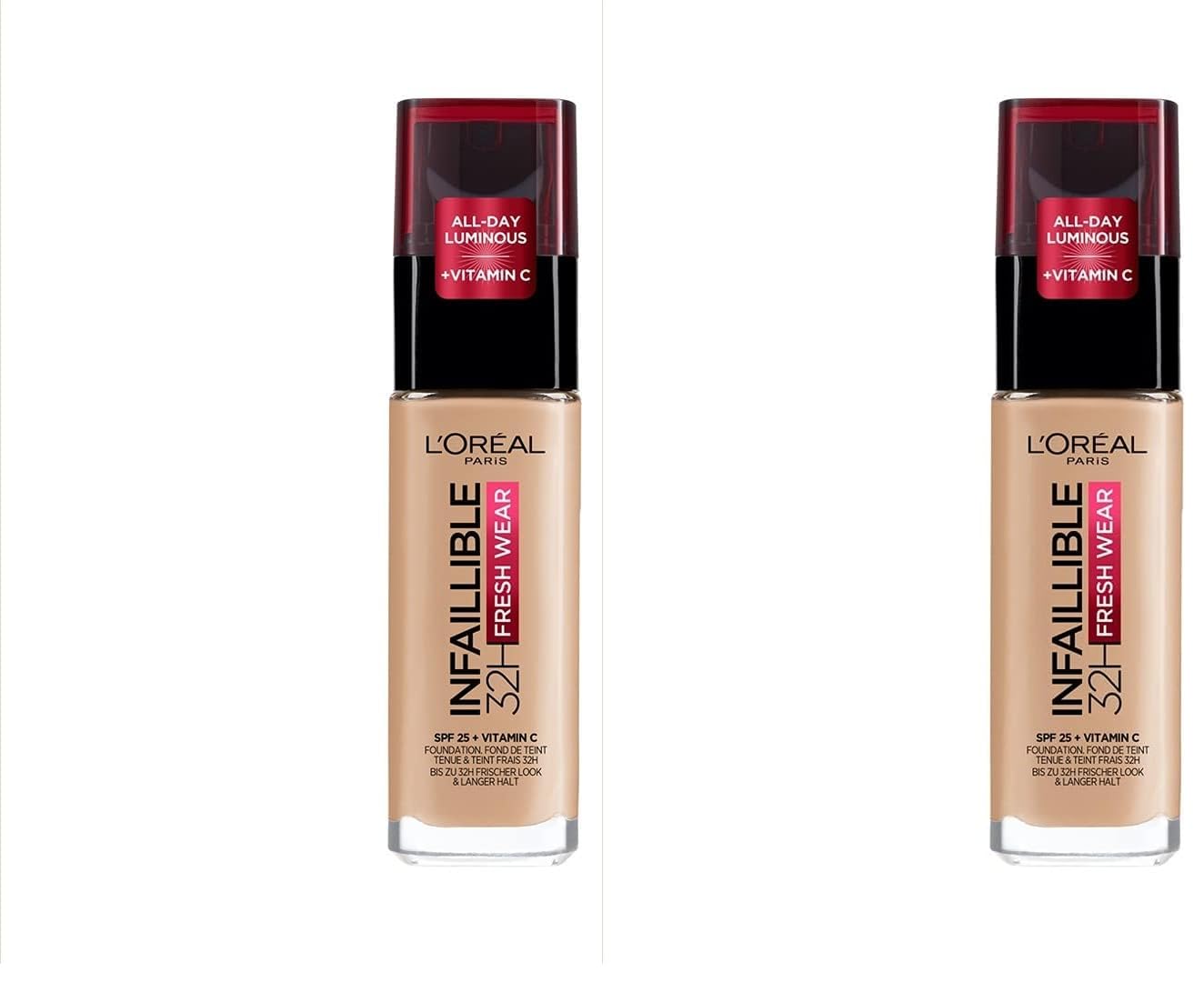 L'Oréal Paris Infallible 32H Fresh Wear Foundation, Full-coverage, Longwear, Weightless Smooth Finish, Water-proof and Transfer-proof, with Vitamin C + SPF 25, 145 Rose Beige (Pack of 2)