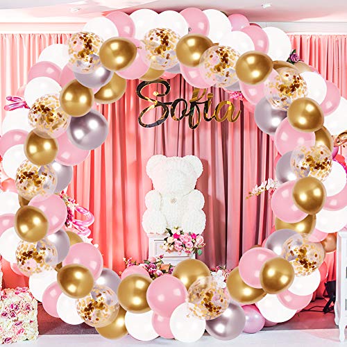 LovesTown Balloon Arch Garland Set,120 Pcs White Pink Gold Latex Balloons White Gold Confetti Balloons Baby Shower Ballons for Girl Wedding Birthday Graduation Party Decorations
