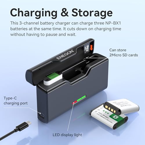 ENEGON NP-BX1 Battery Pack 3 and 3-Channel Charger for Sony NP-BX1 M8, ZV-1, ZV-1 II, Cyber-Shot DSC-HX80, HX90V, HX95, HX99, RX1, RX1R II, RX100 (II/III/IV/VA/VI/VII), FDR-X) 3000, HDR-AS500