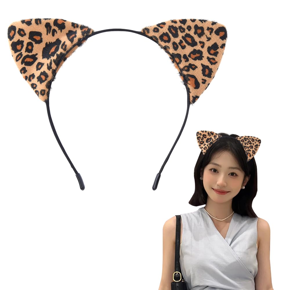 Leopard Print Cat Ears Heandband for Women Leopard Print Hair Accessories Hair Wrap Cheetah Cat Ear Hair Band for Party Cosplay Ear Headwear Headdress Hair Hoop for Women