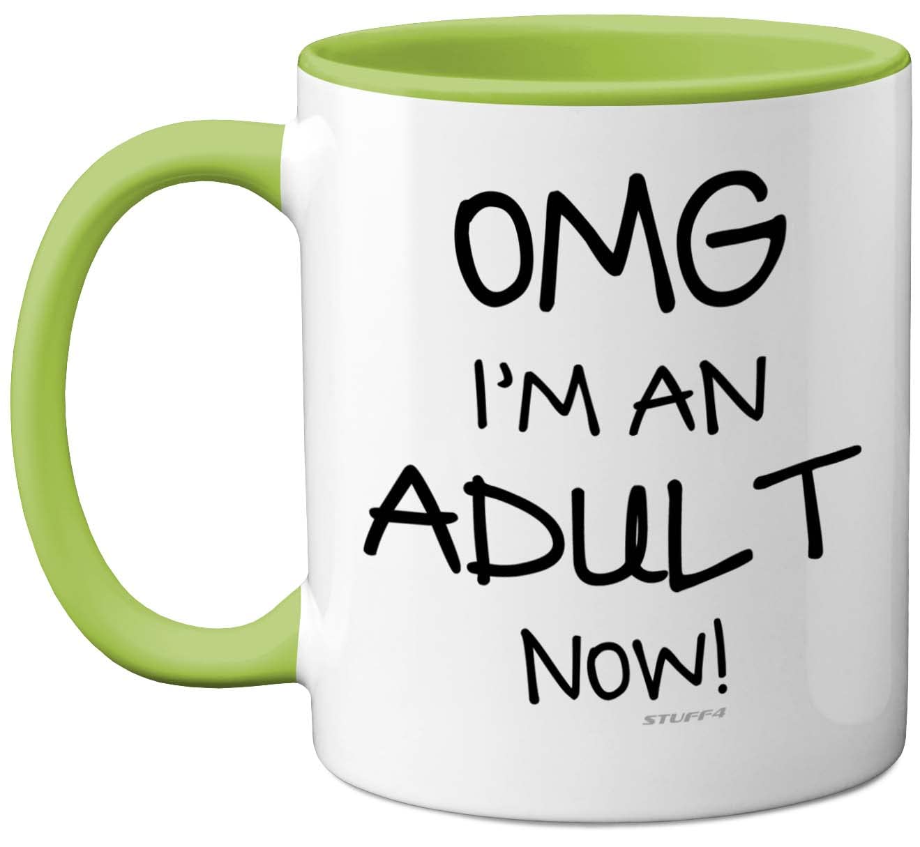 Stuff4 18th Birthday Presents for Girls or Boys - OMG I'm an Adult Mug, Fun Mug Gifts for Adult Son or Daughter. Perfect 18th Birthday Green Handle Great Presents 18 Year Olds from