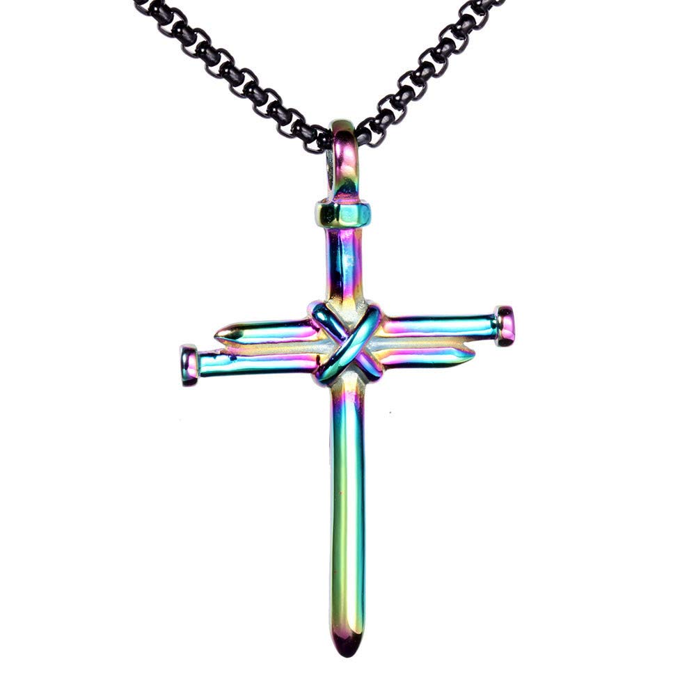 HIJONES Unisex's Stainless Steel Punk Rainbow Cross Pendant Polished with Black Chain