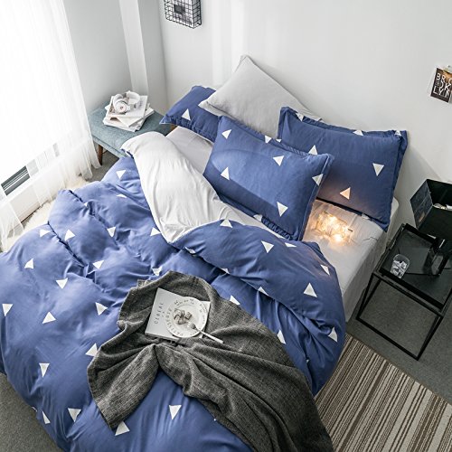 Hydro Cotton Bed Set (Twin Full Queen King Size) [4 Piece: Duvet Cover, Flat Sheet, Pillow Cases] No Comforter DL Figure Triangle Star Dot Design Sheet Sets (Triangle, Blue, Full 70"x86")