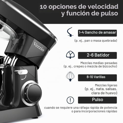 Vezzio 8.5L Professional Pastry Mixer 1500 W 6 Speeds Kitchen Robot Mixer Multifunction Low Noise Stainless Steel Bowl, Kneader, Whisk and Rods (Black)