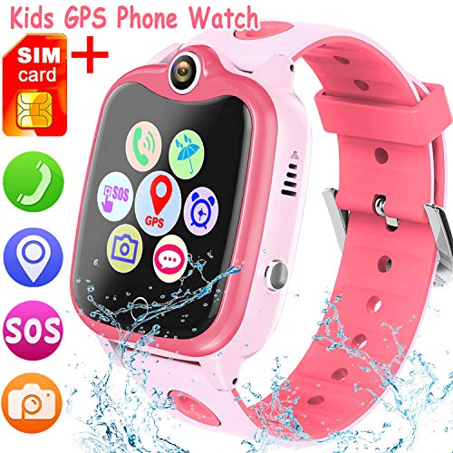 [SIM Card Included] Kids Smartwatch with GPS Tracker, Waterproof Smart Watch for Kids Boys Girls Age 3-12 Year Old, SOS Alarm Clock Digital Wrist Watch Phone Holiday Birthday Gift (Pink)