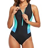 Tempt Me Women Athletic One Piece Swimsuit Zipper High Neck Bathing Suit Racerback Swimwear