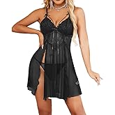 Favnac Women's Sexy V Neck Strap Floral Lace Nightwear Babydoll Slit Lingerie Dress with Thong 2 Piece