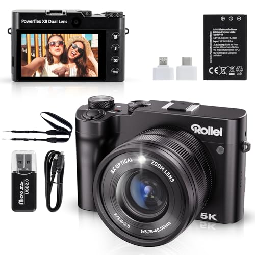 Rollei 64MP 5K Digital Camera, Powerflex X8 Dual Lens Digicam with 8X Optical Zoom Compact Camera with 3.6 Touch Screen Portable Photo Cam 3 Focus Options for Beginners Black, Digital-Camera-Digicam