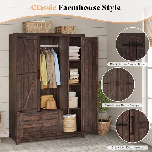 Jocisland Farmhouse 3 Door Wardrobe Closet with 2 Drawers & Hanging Rod, 47" Large Armoire Storage Cabinet with Adjustable Shelves, Freestanding Clothing Organizer for Bedroom, Barnwood Brown