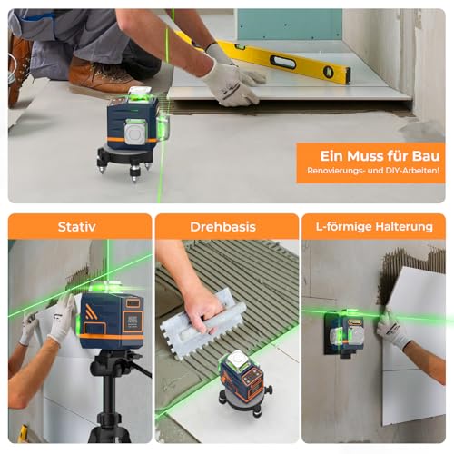 CIGMAN Cross Line Laser with Tripod, 3 x 360 Degrees, Green, Self-Levelling Laser Spirit Level with 1.5 m Aluminium Construction Tripod, Construction Laser Cross Laser Line Laser up to 30 Hours with Lithium Battery, CM701T