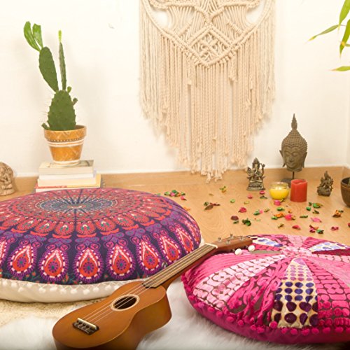 Mandala Life ART Bohemian Yoga Decor Floor Cushion Cover - 30 inches - Round Floor Pillow Pouf Cover - Hand Printed Organic Cotton by Colorful Pink - Thumbnail 5