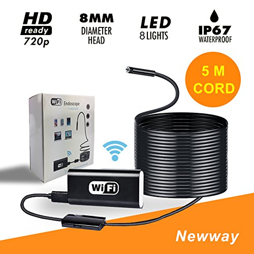 5M Flexible Wifi Inspection Camera Endoscope,Waterproof Semi-rigid HD 720P Adjustable 8 Leds Snake Spy Camera Borescope for iphone 6 7 Galaxy S7 S8 Andriod ios Tablet Win 7 8 10(16.4FT)by Newway